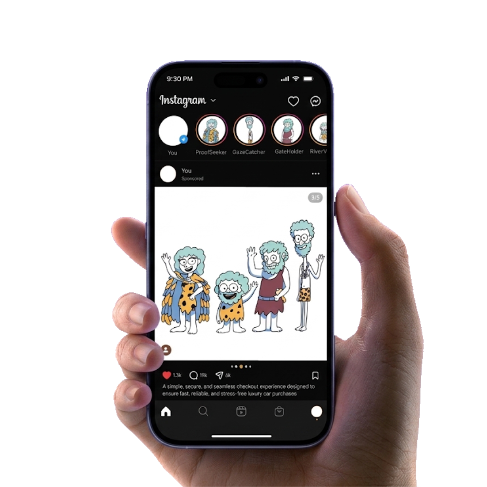 A hand holding a phone showing the Harion archetype-based ad in an Instagram feed